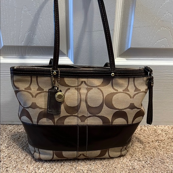Coach Brown and Tan Signature Tote with Leather Accents - Picture 2 of 7